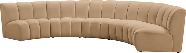 Meridian Furniture Infinity Five Piece Modular Sectional Camel Velvet Channel Tufted Living Room Sofa 638Camel-5PC