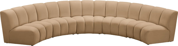 Meridian Furniture Infinity Five Piece Modular Sectional Camel Velvet Channel Tufted Living Room Sofa 638Camel-5PC