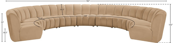Meridian Furniture Infinity Nine Piece Modular Sectional Camel Velvet Channel Tufted Living Room Sofa 638Camel-9PC