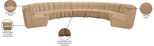 Meridian Furniture Infinity Nine Piece Modular Sectional Camel Velvet Channel Tufted Living Room Sofa 638Camel-9PC