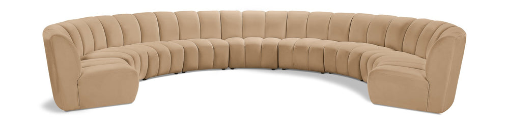 Meridian Furniture Infinity Nine Piece Modular Sectional Camel Velvet Channel Tufted Living Room Sofa 638Camel-9PC