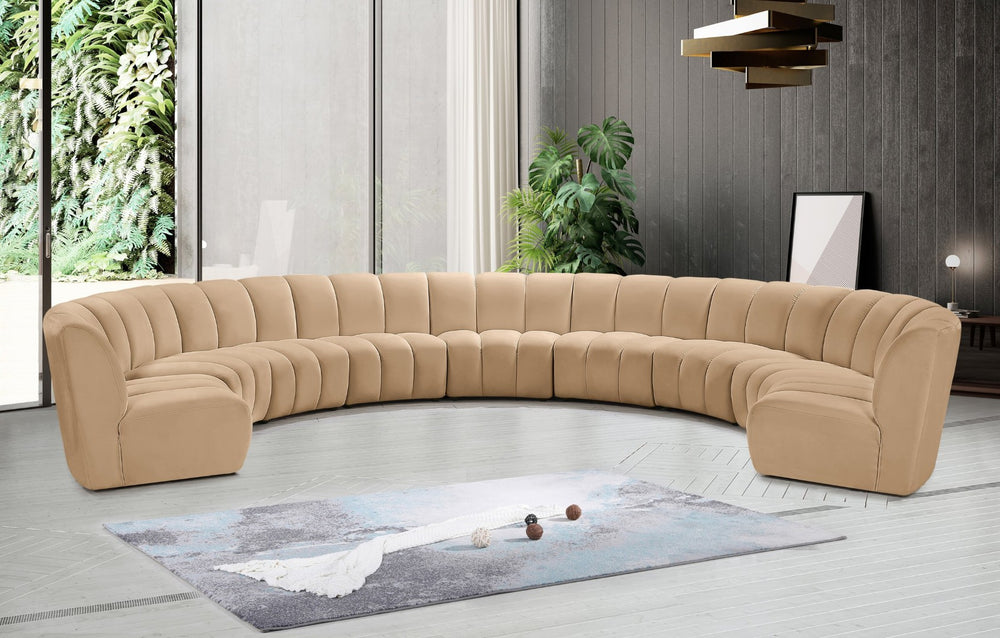 Meridian Furniture Infinity Nine Piece Modular Sectional Camel Velvet Channel Tufted Living Room Sofa 638Camel-9PC