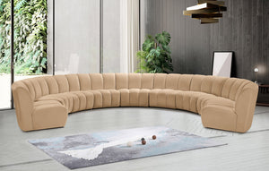Meridian Furniture Infinity Nine Piece Modular Sectional Camel Velvet Channel Tufted Living Room Sofa 638Camel-9PC