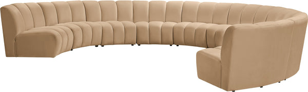 Meridian Furniture Infinity Nine Piece Modular Sectional Camel Velvet Channel Tufted Living Room Sofa 638Camel-9PC