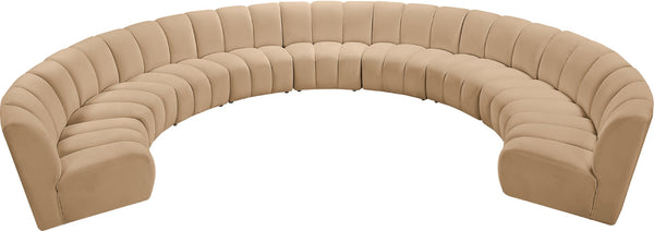 Meridian Furniture Infinity Nine Piece Modular Sectional Camel Velvet Channel Tufted Living Room Sofa 638Camel-9PC