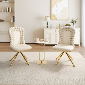 English Elm Dining Velvet Swivel Chairs Set of 2 with Hairball Backrest, Gold Metal Legs, Plush Foam Seat, Adjustable Feet Beige W757P281151