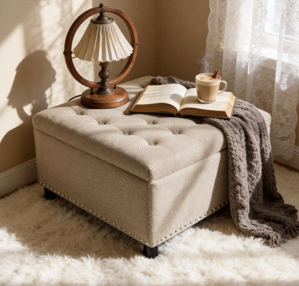 English Elm Storage Ottoman Tufted Nailhead Trim Lift Top Footstool for Living Room or Bedroom Camel W5568P447106