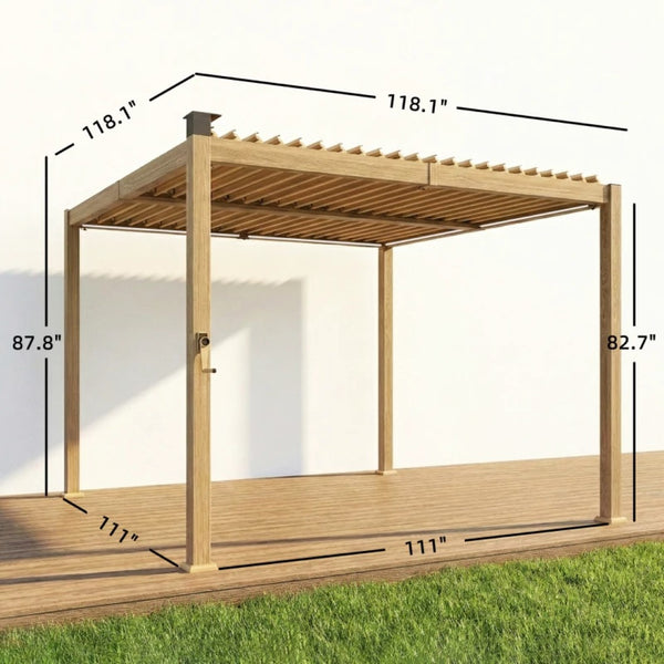 English Elm Outdoor Louvered Steel Pergola with Solar Led Lights and Adjustable Shade Roof T3971S00203
