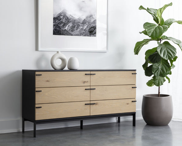 Sunpan ROSSO Dresser – Modern Industrial Black Wood Frame with Rustic Oak Drawers & Matte Iron Legs 108791