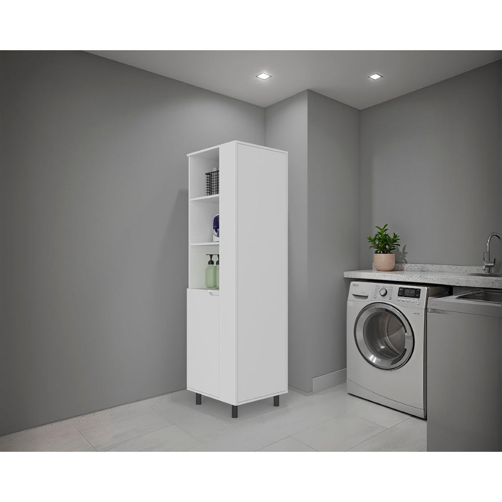 English Elm White Tall Broom Closet with Open Shelves Drawer and Full Length Door for Laundry Rooms B062S01877