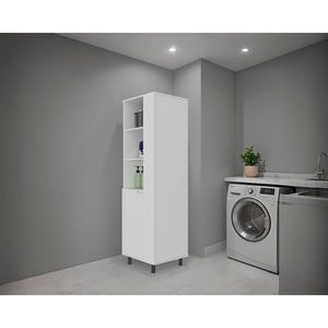 English Elm White Tall Broom Closet with Open Shelves Drawer and Full Length Door for Laundry Rooms B062S01877