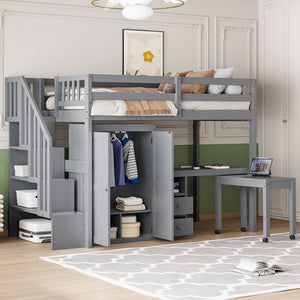 English Elm Queen Murphy Bed with Integrated Desk Cabinet Shelves Space Saving Studio Solution Gray N708S00013E