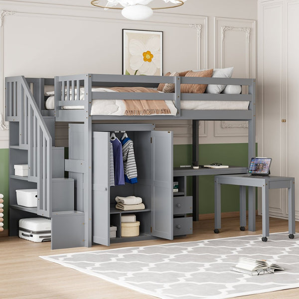 English Elm Queen Murphy Bed with Integrated Desk Cabinet Shelves Space Saving Studio Solution Gray N708S00013E