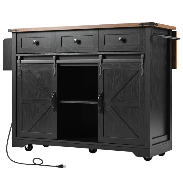 English Elm K&K 53.7" Farmhouse Kitchen Island with Drop Leaf, Sliding Barn Doors, Built-In Power & Wheels Black N707P170347B
