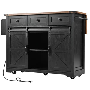 English Elm K&k Farmhouse Rolling Kitchen Island with Drop Leaf Power Outlets and Storage Cabinet Black N707S170347B