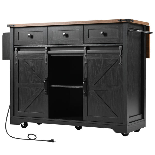 English Elm K&k Farmhouse Rolling Kitchen Island with Drop Leaf Power Outlets and Storage Cabinet Black N707S170347B