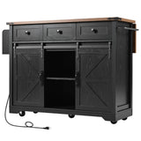 English Elm K&K 53.7" Farmhouse Kitchen Island With Power Outlet, 2 Sliding Barn Door Kitchen Storage Island With Drop Leaf, Spice Rack Rolling Kitchen Cart On Wheels, For Home, Kitchen and Dining Room, Black