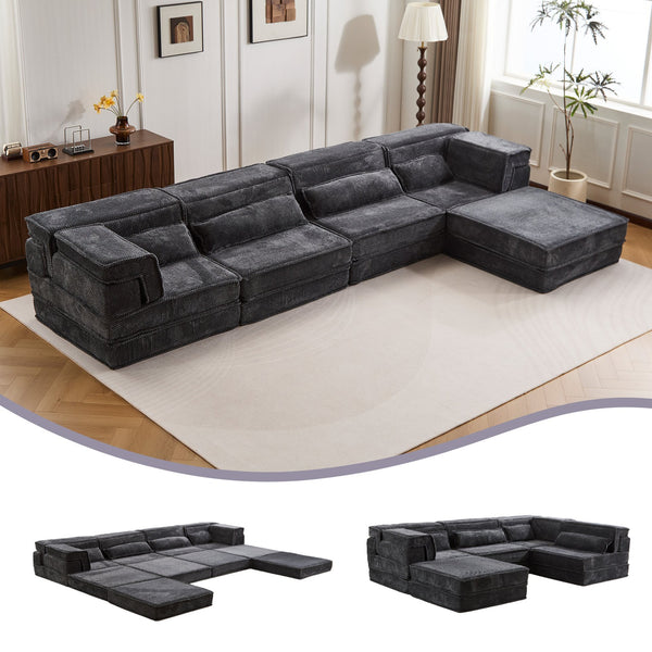 English Elm Compression Mahjong Sofa - Oversized Modular Floor Bed With Ottoman, No Assembly, Soft Fleece Fabric W3723S00037