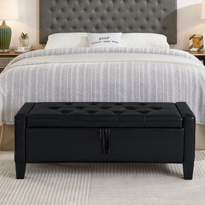 English Elm Ottoman Storage Bench Tufted Linen Upholstered Entryway Seat with Lift Top Shelf Black W2186P465443