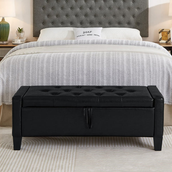 English Elm Ottoman Storage Bench Tufted Linen Upholstered Entryway Seat with Lift Top Shelf Black W2186P465443