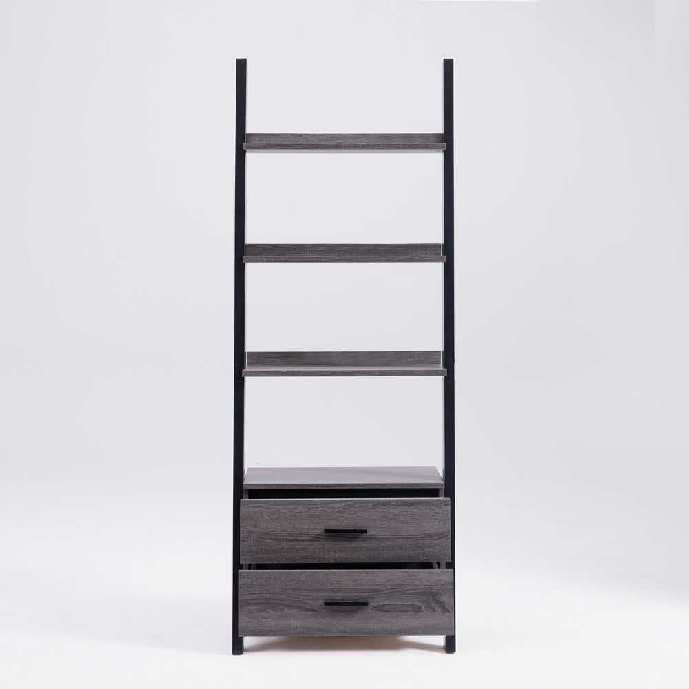English Elm Two drawer ladder bookcase with two-tone distressed grey & black, 4 shelves, 2 drawers, aluminum bar handles, leaning design stability B107P295241