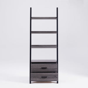 English Elm Two drawer ladder bookcase with two-tone distressed grey & black, 4 shelves, 2 drawers, aluminum bar handles, leaning design stability B107P295241