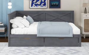 English Elm Twin Wood Daybed with 2 Drawers Rustic Guardrail in Ancient Grey — Storage Twin Bed, Pine MDF Craftsmanship, 300lb Capacity N709P179657E