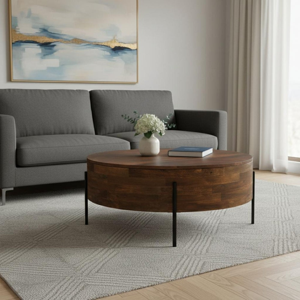 HomeRoots 38" Brown Solid Wood Round Coffee Table - Durable, Stylish, Low-Profile Design for Any Space 639068