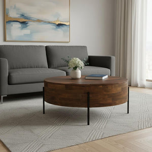 HomeRoots 38" Brown Solid Wood Round Coffee Table - Durable, Stylish, Low-Profile Design for Any Space 639068