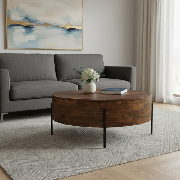 HomeRoots 38" Brown Solid Wood Round Coffee Table - Durable, Stylish, Low-Profile Design for Any Space 639068