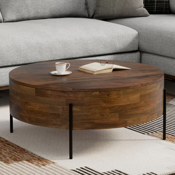 HomeRoots 38" Brown Solid Wood Round Coffee Table - Durable, Stylish, Low-Profile Design for Any Space 639068