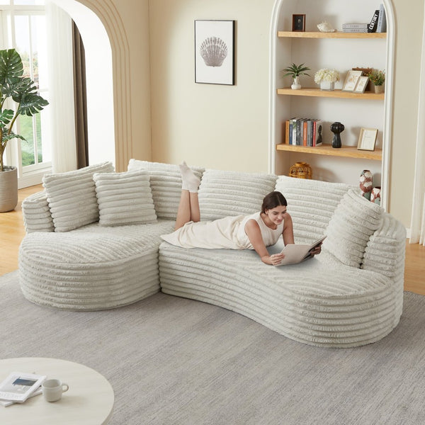 English Elm Modern Curved Sectional Sofa Tufted Corduroy L Shape for Living Room Apartment Cream W2339S00164