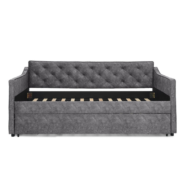 English Elm Twin Linen Tufted Daybed with Pop up Trundle and Usb Port for Guest Rooms Grey W1413S00128