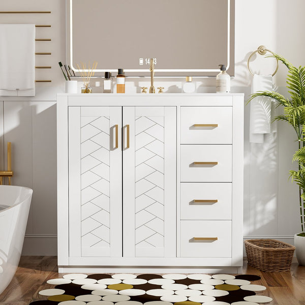 English Elm 36'' Bathroom Vanity with Ceramic Sink Combo Solid Wood Frame Soft-Closing Drawers Ample Storage Elegance White N710P243327K