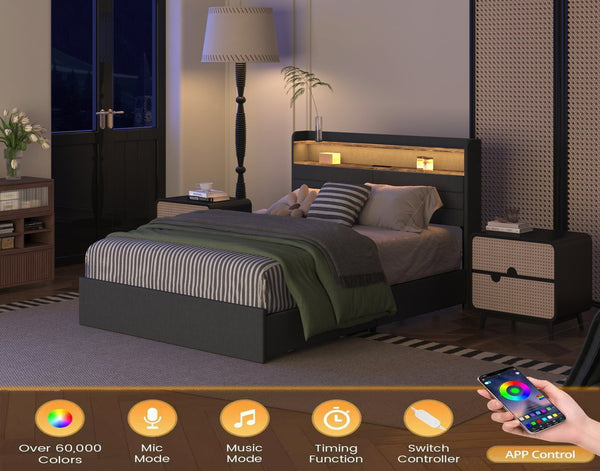 English Elm Queen Upholstered Bed Frame with 4 Drawers, LED Smart Music Headboard, USB Charging, Noise-Free Design W2129P269873