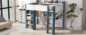 English Elm Full Size Wood Loft Bed With Desk, Storage Shelves & Clothes Rails - Modern Space-Saving Design N7090005007C