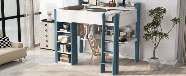 English Elm Full Size Wood Loft Bed With Desk, Storage Shelves & Clothes Rails - Modern Space-Saving Design N7090005007C