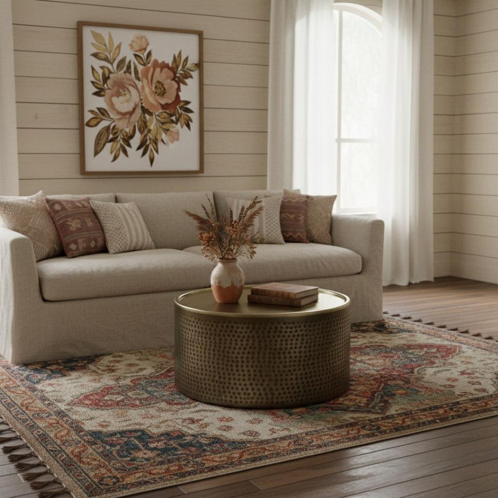 HomeRoots 32" Antiqued Gold Iron Round Coffee Table – Vintage Charm, Durable Design, Perfect for Any Space 639133
