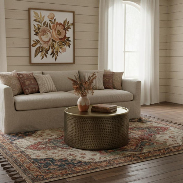HomeRoots 32" Antiqued Gold Iron Round Coffee Table – Vintage Charm, Durable Design, Perfect for Any Space 639133