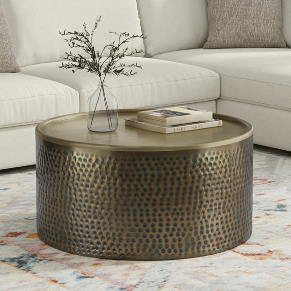 HomeRoots 32" Antiqued Gold Iron Round Coffee Table – Vintage Charm, Durable Design, Perfect for Any Space 639133