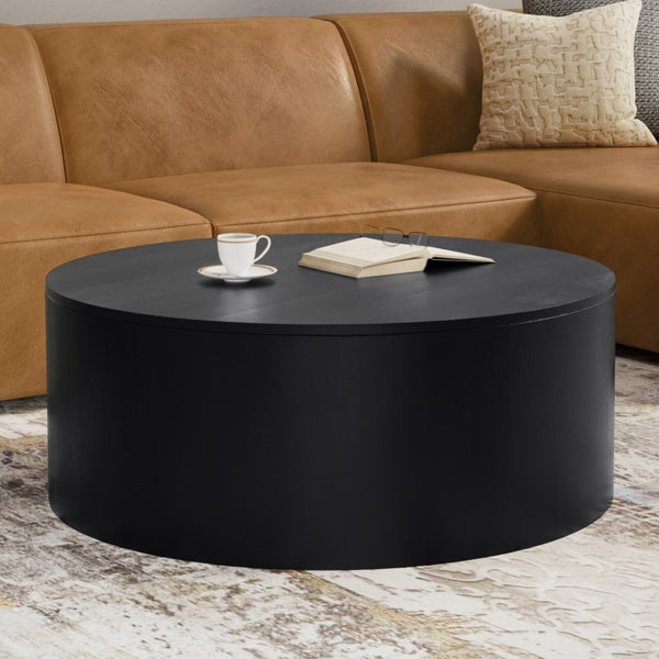 HomeRoots 36" Black Solid Mango Wood Round Coffee Table - Modern, Durable Design for Stylish Living Spaces 639134