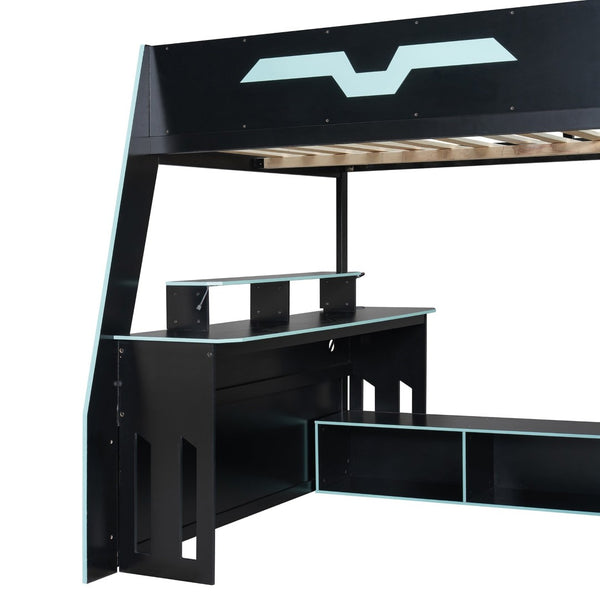 English Elm Full Size Wood Loft Bed with Rgb Lighting Desk and Multi-tier Shelves for Gaming Blue LT000374AAC