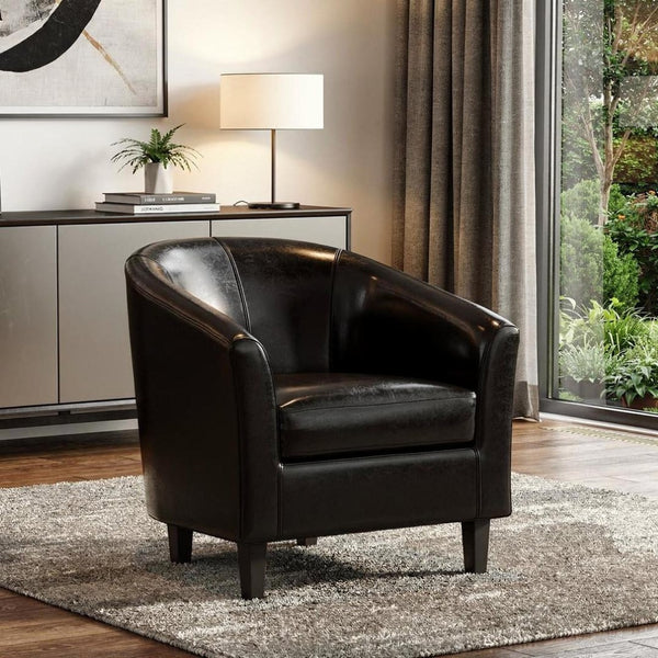 HomeRoots 30" Black and Dark Brown Leather Arm Chair - Contemporary Comfort for Living Room, Office, or Lounge 639173