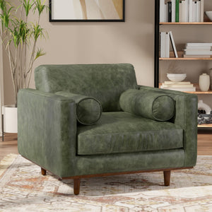 HomeRoots 43" Green Leather Arm Chair - Mid-Century Modern Accent with Plush Comfort for Living Room & Office 639175