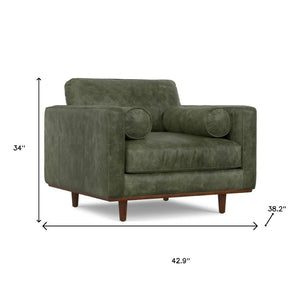 HomeRoots 43" Green Leather Arm Chair - Mid-Century Modern Accent with Plush Comfort for Living Room & Office 639175