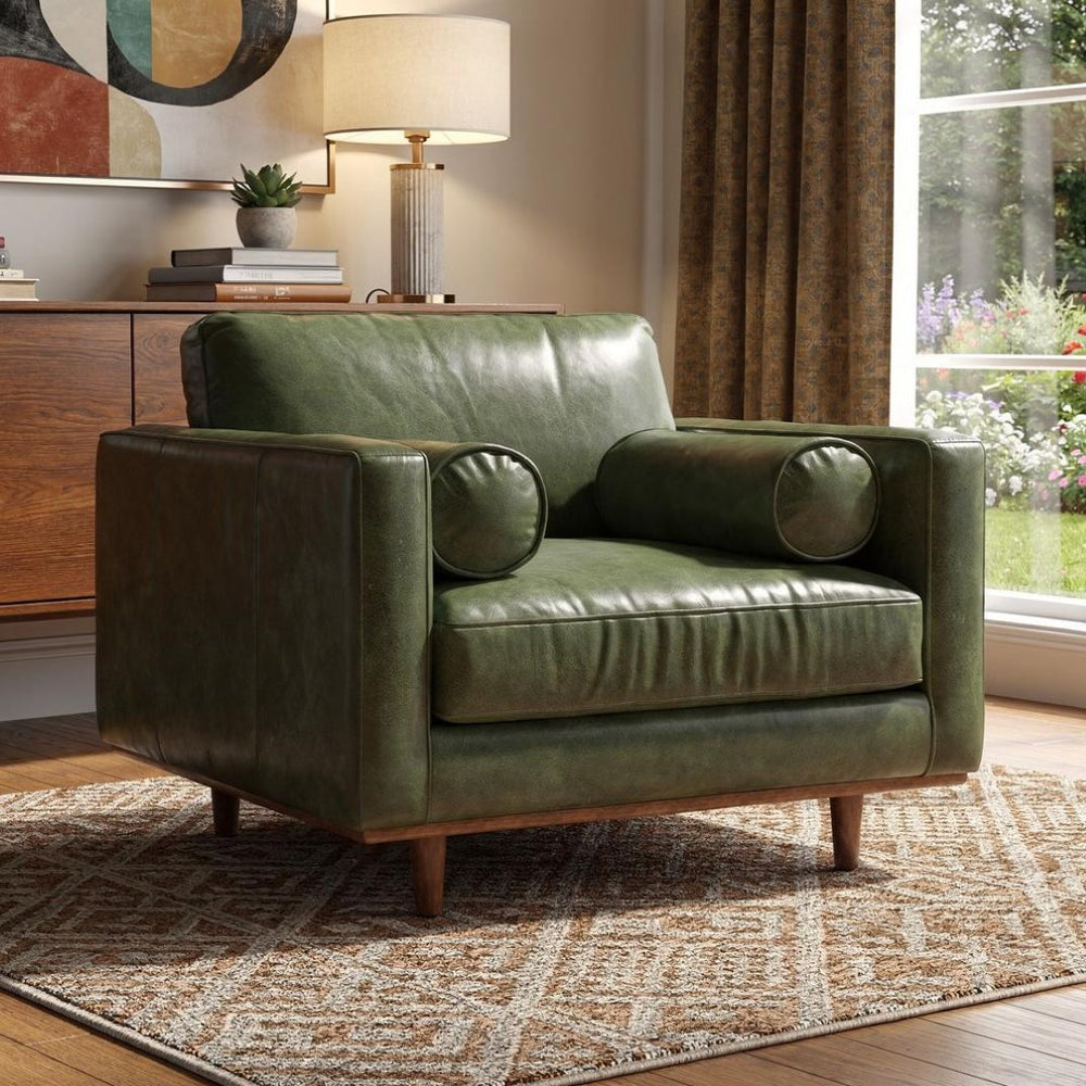 HomeRoots 43" Green Leather Arm Chair - Mid-Century Modern Accent with Plush Comfort for Living Room & Office 639175