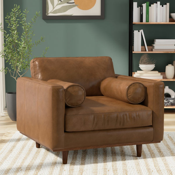HomeRoots 43" Brown Leather Arm Chair - Elegant Mid-Century Modern Accent for Living Room, Office & Lounge 639176