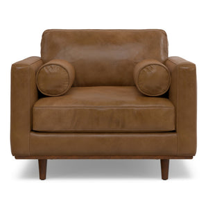 HomeRoots 43" Brown Leather Arm Chair - Elegant Mid-Century Modern Accent for Living Room, Office & Lounge 639176