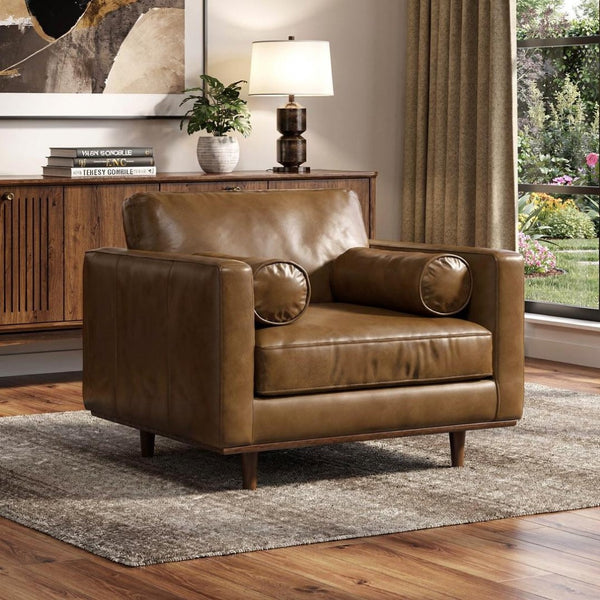 HomeRoots 43" Brown Leather Arm Chair - Elegant Mid-Century Modern Accent for Living Room, Office & Lounge 639176