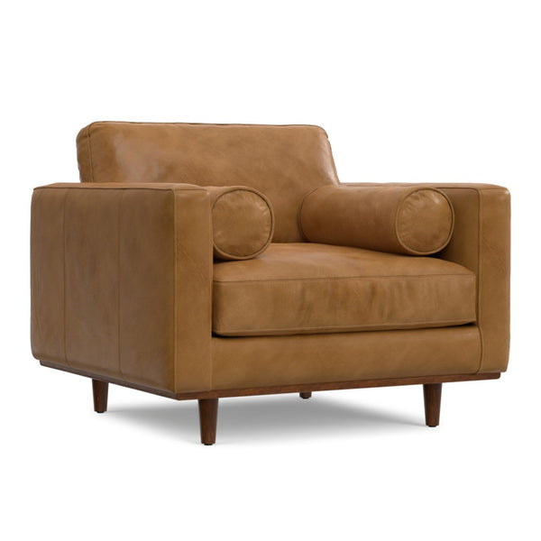 HomeRoots 43" Brown Leather Arm Chair - Mid-Century Modern Accent for Living Rooms, Bedrooms & Offices 639177